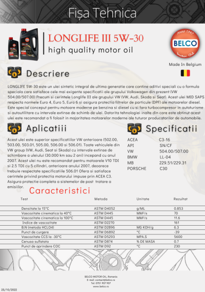 Ulei motor sintetic Belco Longlife 3 5W-30 VW 1L